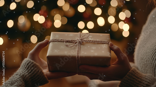 A joyful moment as hands tear open the wrapping of a gift, with a blurred festive background of bright, multicolored lights, snowflakes gently falling, and the warmth of the holida photo