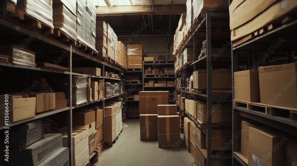 Obraz premium Warehouse interior with cardboard boxes on metal racks. Vector cartoon illustration of empty storage room interior with goods, cargo and parcels on shelves. Storehouse in store, garage, market