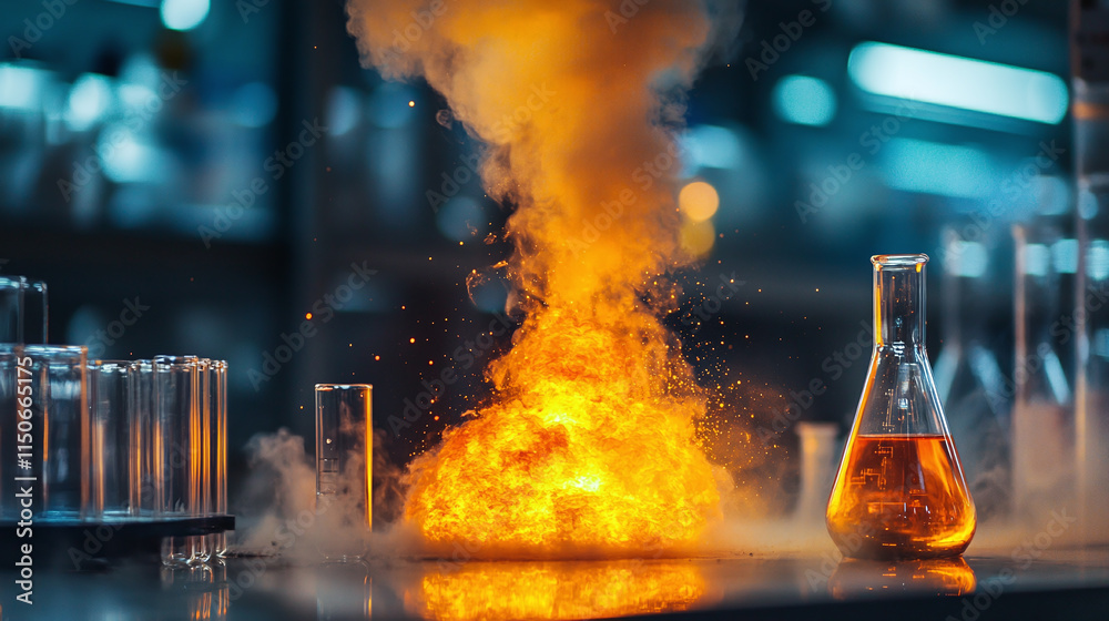 Laboratory experiment, a dangerous fire explosion as a toxic chemical reaction ignites, risky nature of chemistry and scientific formula discovery, bang. Laboratory experiment, a dangerous fire explosion as a toxic chemical reaction ignites, risky nature of chemistry and scientific formula discovery, bang.