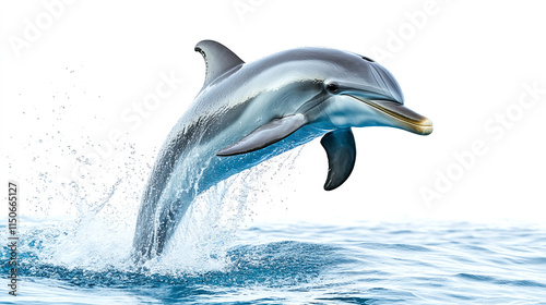 Jumping dolphin isolated on white background. sea ocean underwater aquatic marine wildlife mammal fish animal, playful blue grey or gray creature, aquarium fauna, happy, tail. photo