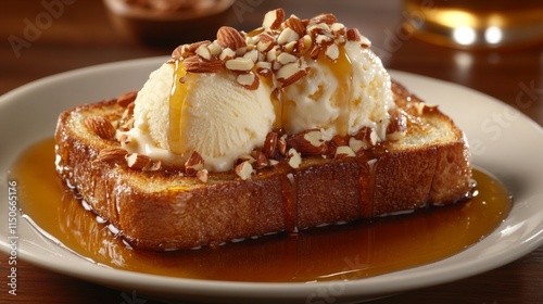 Wallpaper Mural Toast with Ice Cream, Nuts, and Syrup on a Wooden Table Torontodigital.ca