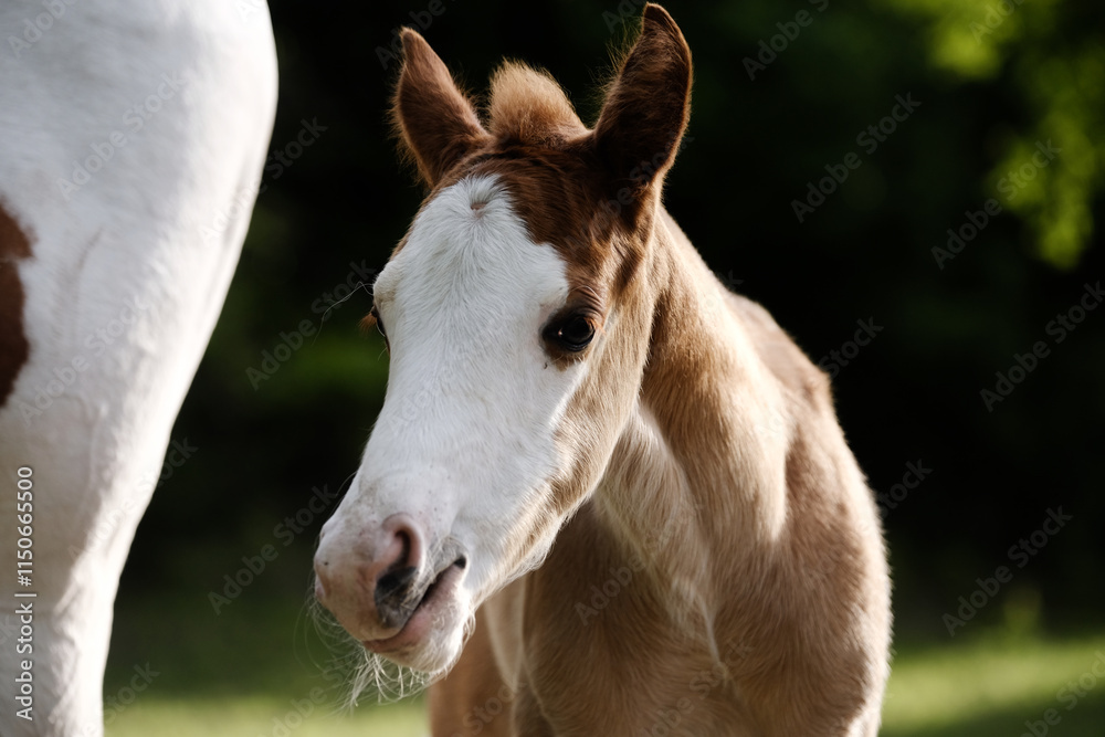 Bald face foal colt horse closeup during spring on farm. Bald face foal colt horse closeup during spring on farm.
