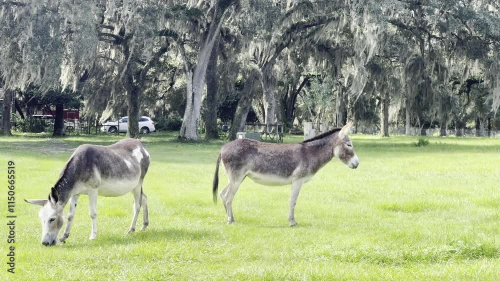 Pair of domestic donkeys grazing on a green grassy field in a countryside village on a sunny day Pair of domestic donkeys grazing on a green grassy field in a countryside village on a sunny day