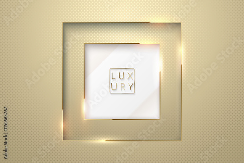 Vector gold luxury background with glossy white glass center layer. Square paper cut frame with shine golden line edges and light flares. Premium design pattern layered banner