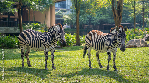 Zebra in zoo with striped black and white pattern, wild african animal in tropical outdoor jungle park, safari wildlife in nature during summer on the savanna. photo