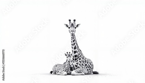 A giraffe lying with a giraffe calf, Giraffe family sketch