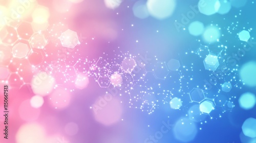 Blue pastel medical and tech background with hexagon pattern and bright sparkles. Realistic vector abstract bg with honeycomb geometric cell texture for medicine and science technology design.