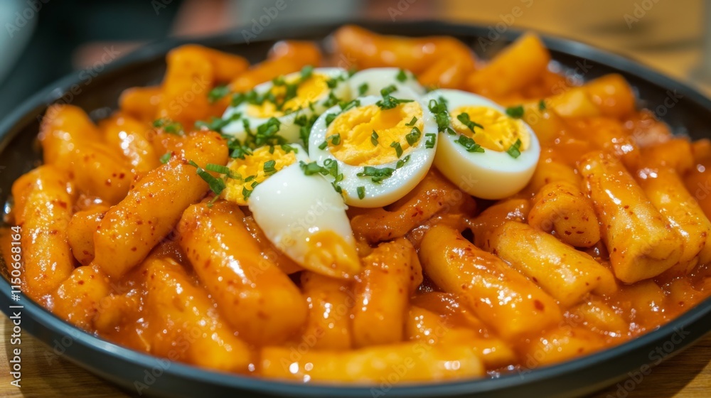 Delicious Korean Rice Cake Dish with Spicy Sauce and Boiled Eggs Delicious Korean Rice Cake Dish with Spicy Sauce and Boiled Eggs