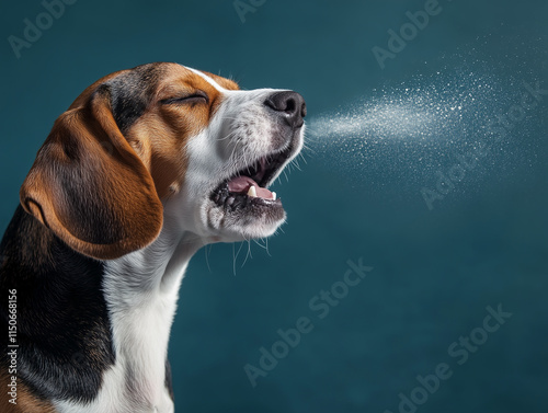 Beagle sneeze energetically with spray of saliva against a blue background photo