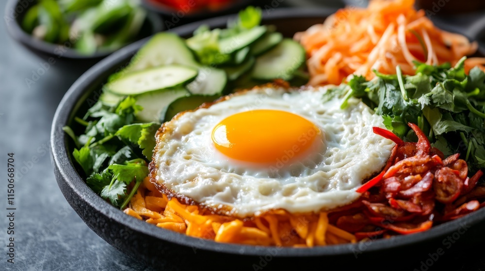 Vibrant bowl of fresh vegetables and sunny side up egg with rice Vibrant bowl of fresh vegetables and sunny side up egg with rice