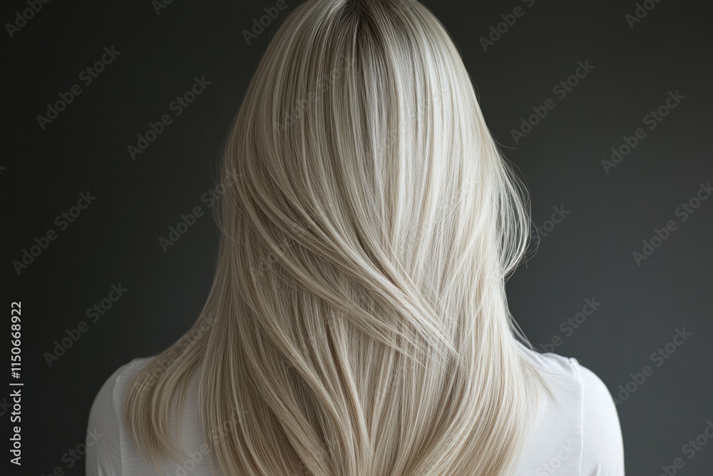 Naklejka premium Stylish close-up of a woman’s long, straight hair softly flowing down her back against a dark background. Generative AI
