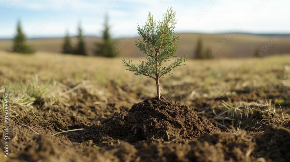 Fototapeta premium Small Pine Tree Growing in Dry Soil on Open Landscape