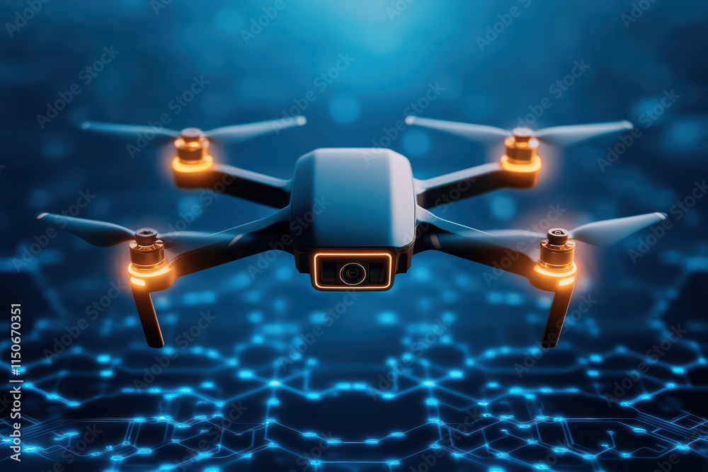 Fototapeta premium close up view of advanced drone showcasing its sleek design and technology. illuminated features highlight its modern capabilities and intricate
