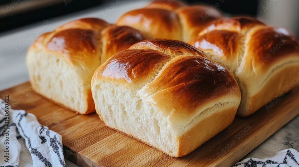 Freshly Baked Golden Bread Loaves on a Wooden Cutting Board Freshly Baked Golden Bread Loaves on a Wooden Cutting Board