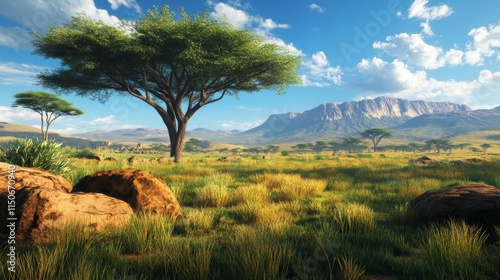 African savannah landscape, wild nature of Africa, cartoon background with green tree, rocks and plain grassland field under blue clear sky. Kenya panoramic view, parallax scene, Vector illustration