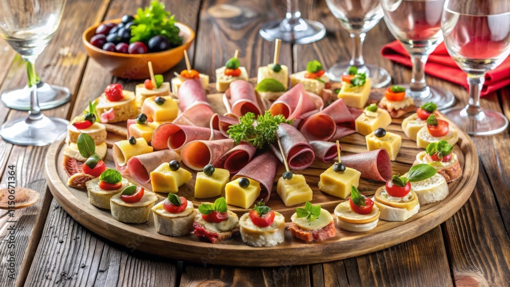 Festive Meat Canapés with Ham, Cheese, Wine Glasses, and Appetizers on Elegant Party Platter Festive Meat Canapés with Ham, Cheese, Wine Glasses, and Appetizers on Elegant Party Platter
