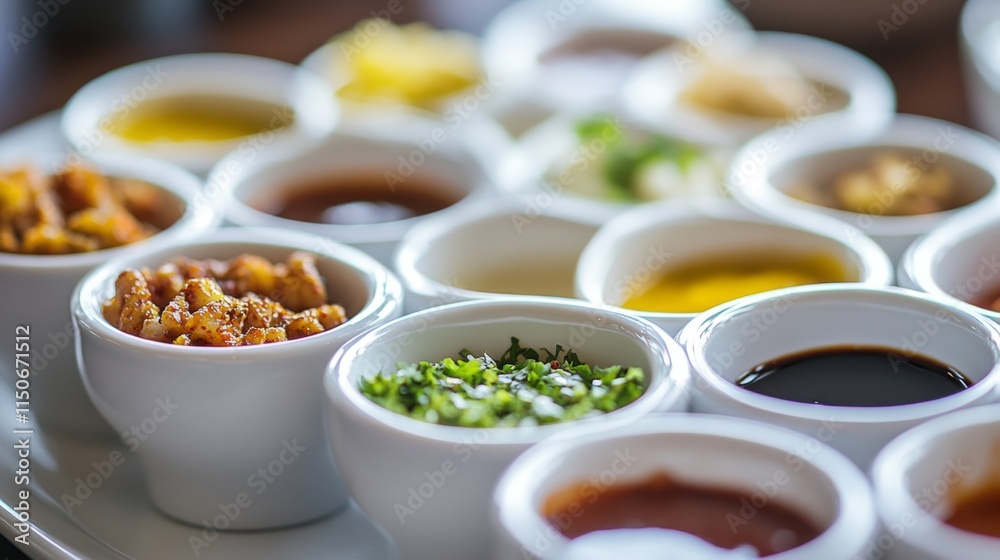 Variety of Sauces and Condiments in Small White Bowls on Plate Variety of Sauces and Condiments in Small White Bowls on Plate