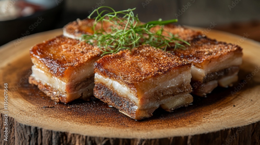 Crispy Pork Belly Served on Rustic Wooden Plate with Fresh Greens Crispy Pork Belly Served on Rustic Wooden Plate with Fresh Greens