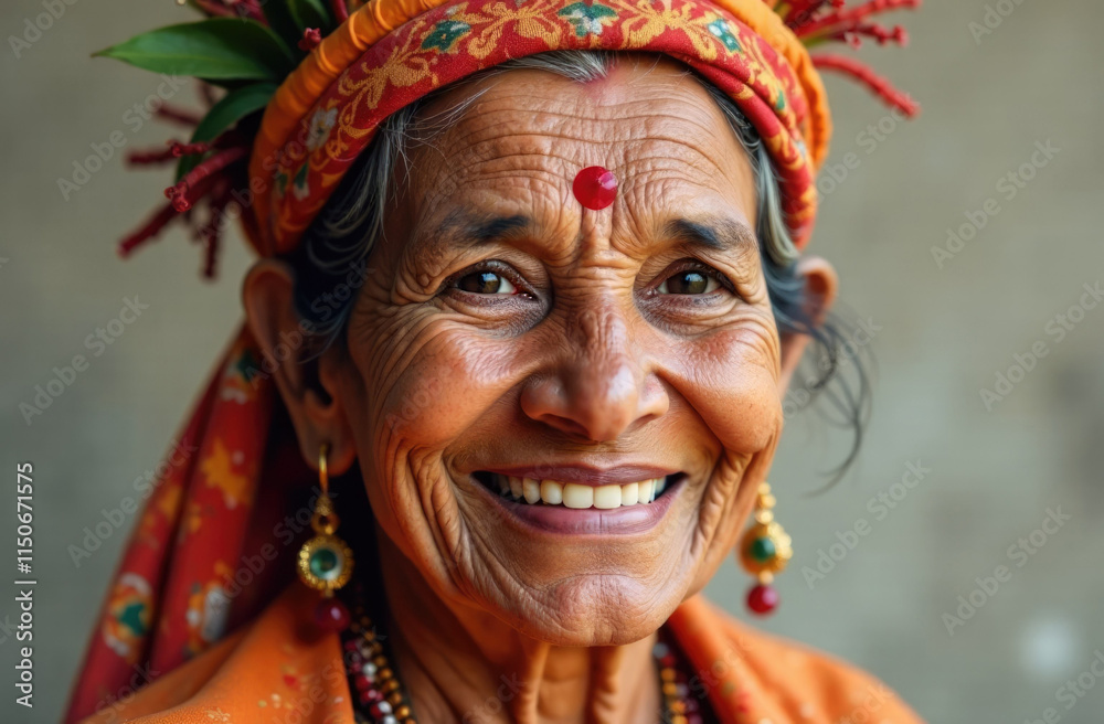 Portrait of happy elderly Indian woman in traditional sari with bindi and jewelry, smiling at the camera Portrait of happy elderly Indian woman in traditional sari with bindi and jewelry, smiling at the camera
