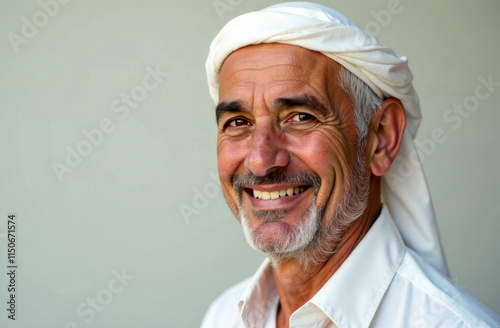 Happy senior Middle Eastern man in traditional headscarf smiling at the camera