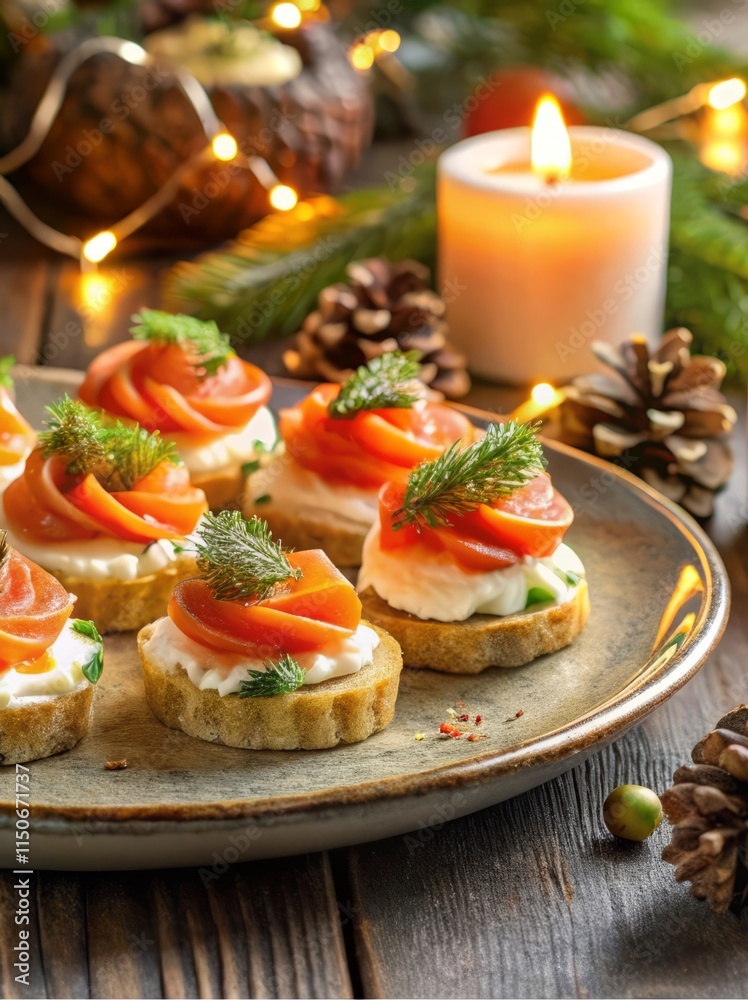 Canapés in a Festive Setting, Red Fish, Cream Cheese, Decorative Plate, Holiday Elements, Candles, Pinecones, Fairy Lights, Cozy, Celebratory Atmosphere Canapés in a Festive Setting, Red Fish, Cream Cheese, Decorative Plate, Holiday Elements, Candles, Pinecones, Fairy Lights, Cozy, Celebratory Atmosphere