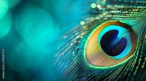 Realistic close-up of a vibrant peacock feather with its iridescent colors and intricate details, emerald green background photo