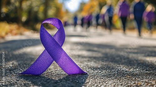 Purple ribbon on path, awareness walk background.