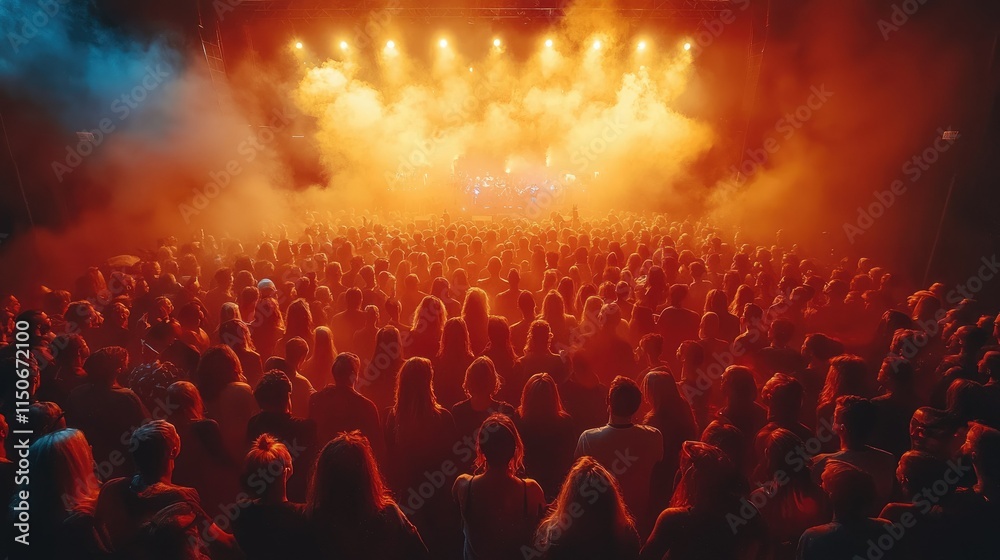 Obraz premium A large crowd at a concert, illuminated by vibrant lights and surrounded by fog.