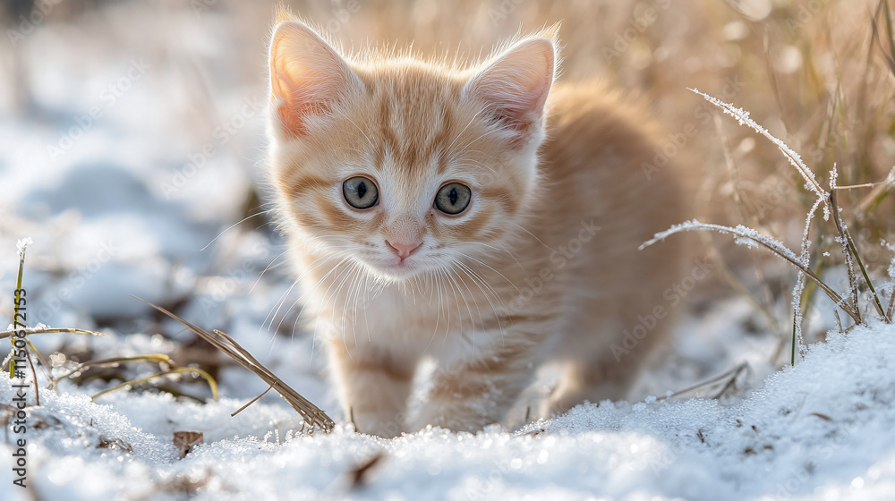 Cat pet animal in snow during winter, adorable fluffy kitten with white fur, playful and cute in the cold outdoors frost nature, young feline enjoying the snowy park, pretty and happy in the winter. Cat pet animal in snow during winter, adorable fluffy kitten with white fur, playful and cute in the cold outdoors frost nature, young feline enjoying the snowy park, pretty and happy in the winter.