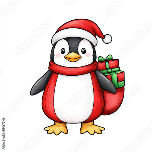 Cute penguin in Santa hat with red scarf and s gifts photo