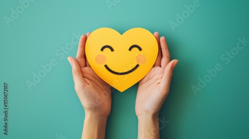 paper cut smiley face in hands make heart symbol for protection around on green background. positive thinking, mental health, assessment, world mental health day concept