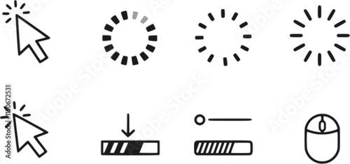 mouse cursor click and loading icon for computer, mobile app, animation, or ui design. mouse pointer black and white vector illustration on transparent background