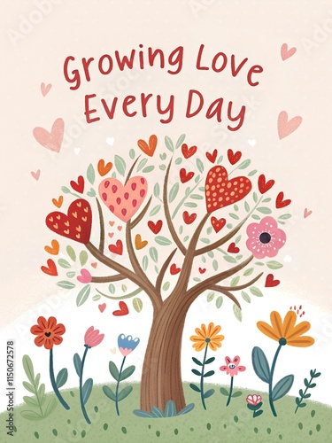 A stylized tree with heart-shaped leaves, accompanied by the phrase 