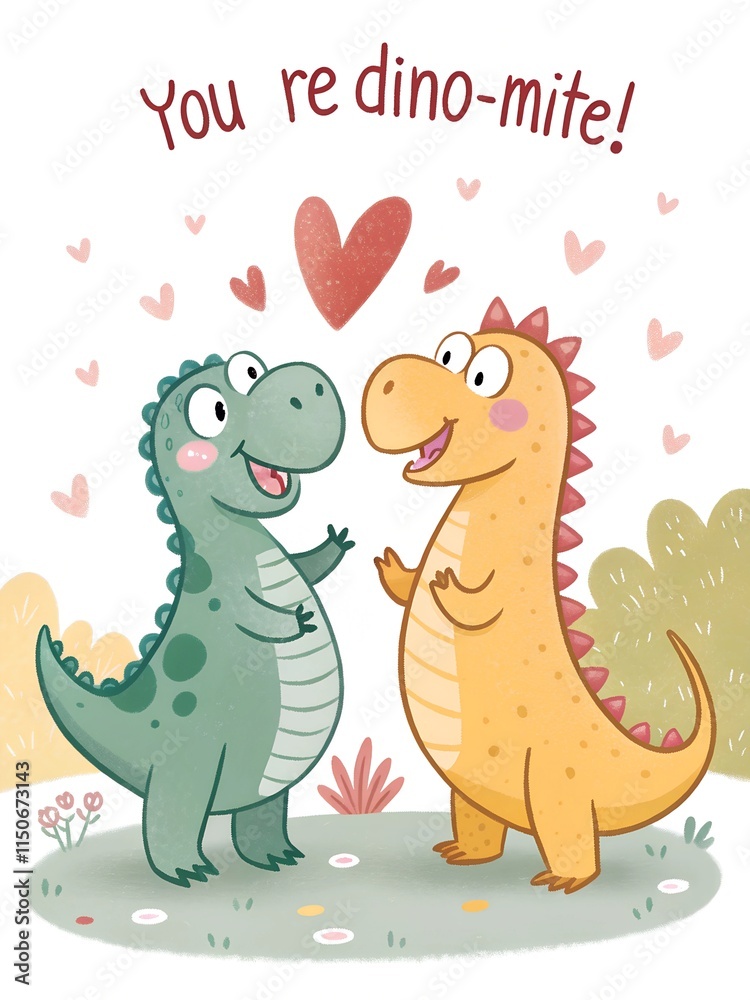 Naklejka premium Two adorable cartoon dinosaurs with hearts above their heads, sharing a sweet moment of love and affection