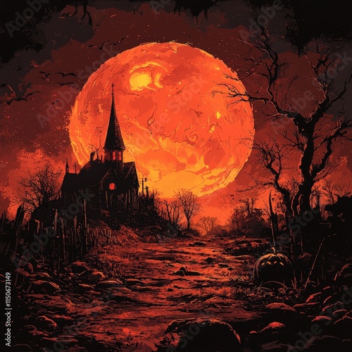 A chilling scene of an old church silhouetted against a vibrant red full moon, with a pathway leading through a dark, ominous forest. Ideal for gothic or Halloween visuals. AI generated. photo