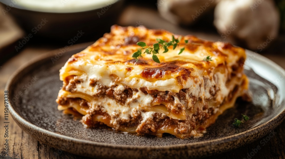 Delicious Homemade Lasagna with Meat and Cheese on Wooden Table Delicious Homemade Lasagna with Meat and Cheese on Wooden Table