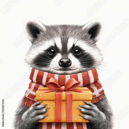 cute raccoon holding gift box, wearing cozy scarf, exuding joy and warmth. Perfect for holiday themes and celebrations photo