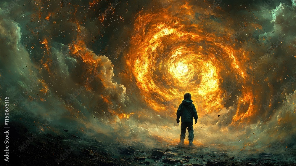 A lone astronaut stands before a swirling cosmic vortex of fire and clouds. A lone astronaut stands before a swirling cosmic vortex of fire and clouds.