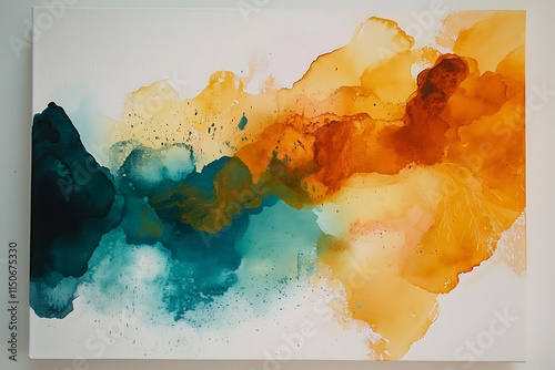 Watercolor canvas abstract with mustard yellow, teal, and burnt orange hues blending fluidly photo