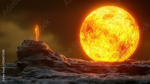 A lone figure stands on a rocky surface, gazing at a giant, radiant sun in the background.