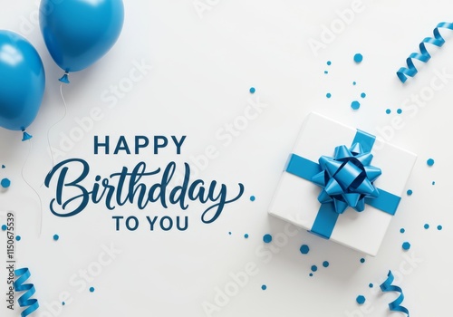 A birthday greeting card with Happy Birthday To You text in cursive on a white background featuring blue balloons, a gift box with a blue ribbon, and scattered blue streamers and confetti


