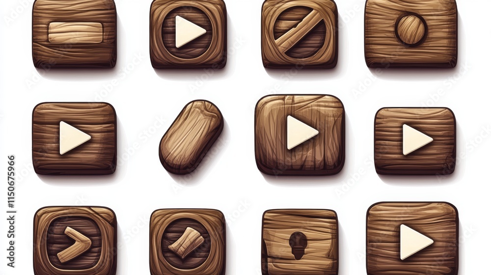 Wooden buttons for user interface design in game, video player or website. Vector cartoon set of brown wood ui elements, check box, stop, play and pause buttons and login frame Wooden buttons for user interface design in game, video player or website. Vector cartoon set of brown wood ui elements, check box, stop, play and pause buttons and login frame