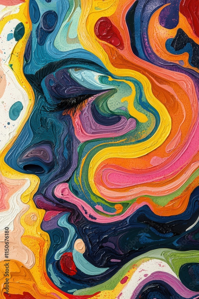 Colorful abstract painting of two faces merging with vibrant swirls and textures Colorful abstract painting of two faces merging with vibrant swirls and textures