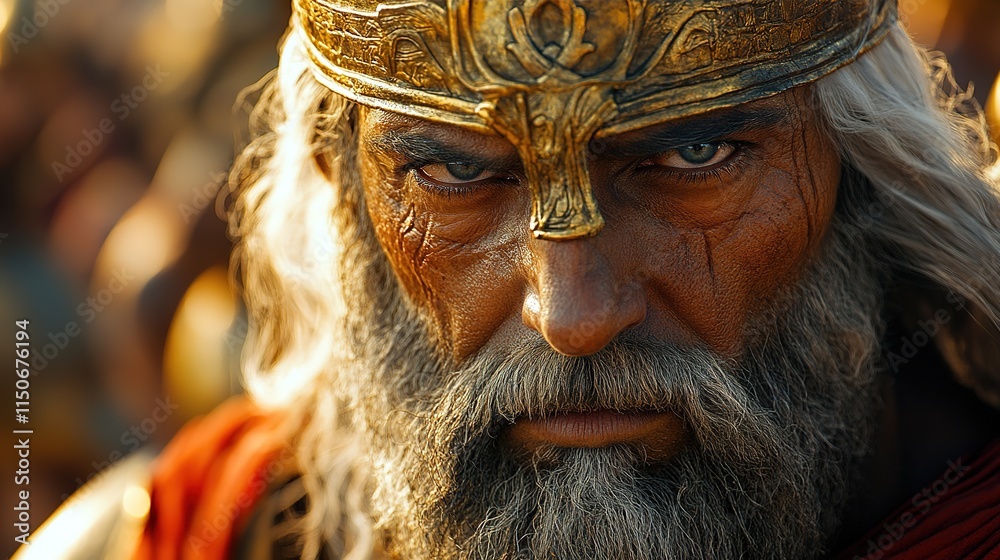 Intense elderly male warrior with helmet and beard in historic setting Intense elderly male warrior with helmet and beard in historic setting