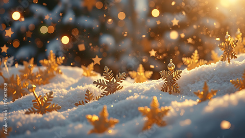 Snowflakes border in wave shape.Golden snowflakes with stars border. Golden snowflakes wave vector. Christmas decoration. Template with a christmas elements .Snowflakes garland