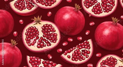 Vibrant red fruit pattern.  Juicy pomegranate halves and seeds. Healthy food.