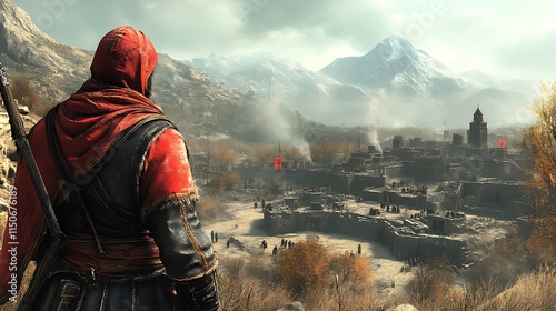 Hooded Figure Observes Mountainous Cityscape