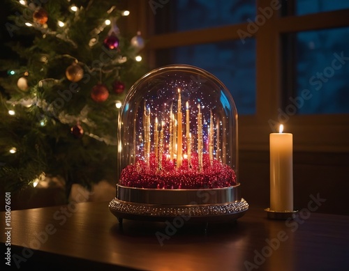 A glowing holiday scene featuring a decorative glass dome with candles, set beside a beautifully adorned Christmas tree. photo