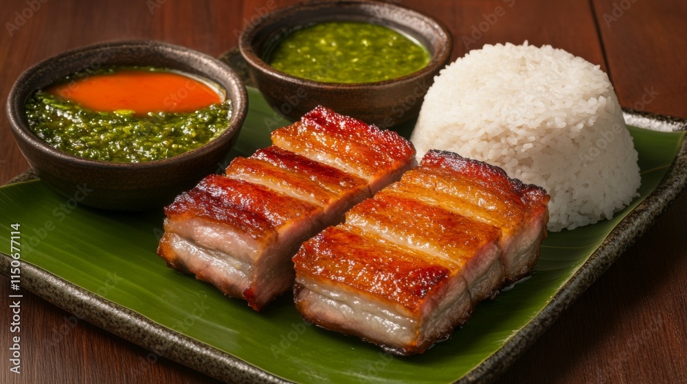 Succulent Pork Belly with Rice and Two Flavorful Sauces on Plate Succulent Pork Belly with Rice and Two Flavorful Sauces on Plate