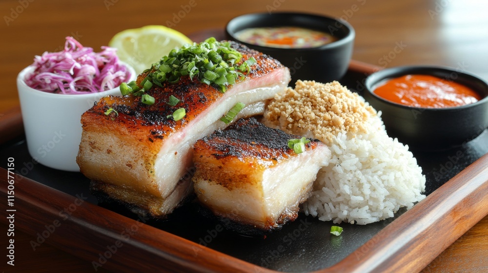 Delicious grilled pork belly with rice and fresh vegetables Delicious grilled pork belly with rice and fresh vegetables